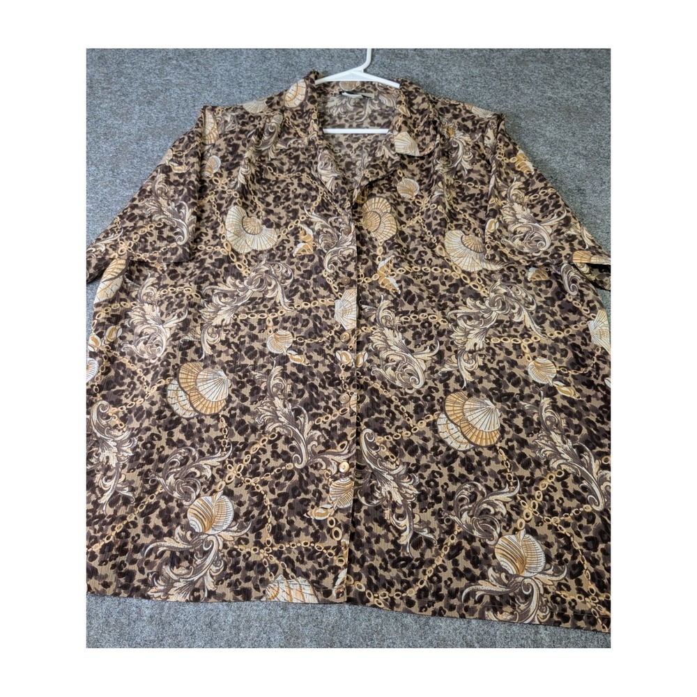 Donnkenny Woman Leopard Baroque Shell Print Blouse Brown Tan 2X Shoulder Pads